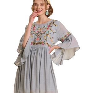 Umgee Flowy Bell Sleeve Embroidered Floral Boho Dress